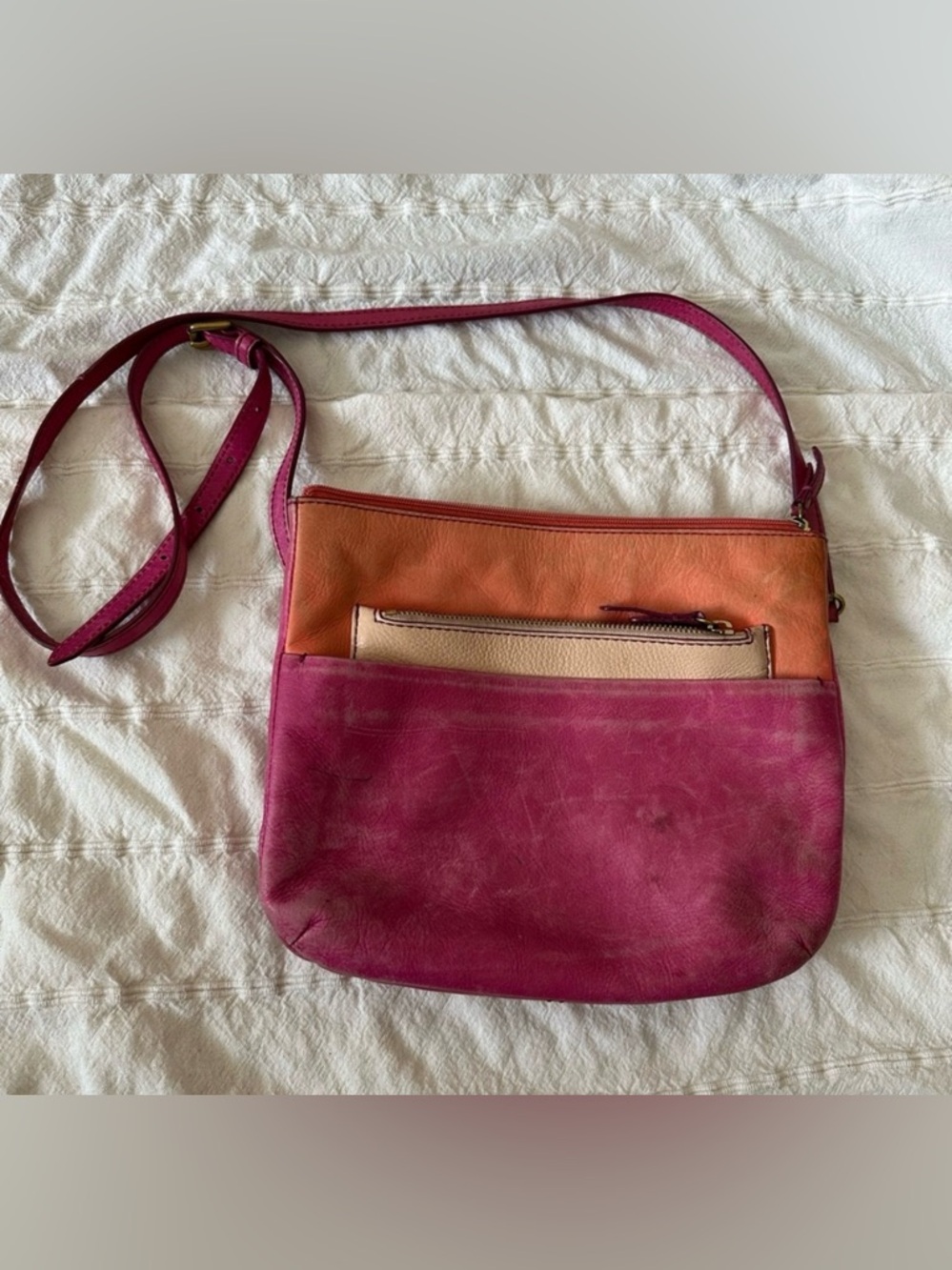 Pink and orange fossil cross soft leather bag- imperfect!!!!!